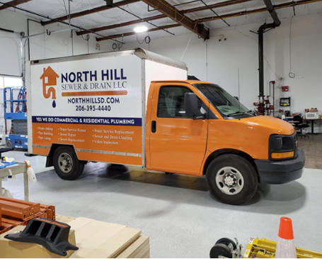 North Hill Sewer and Drain wrapped truck providing sewer camera inspections in Mukilteo WA