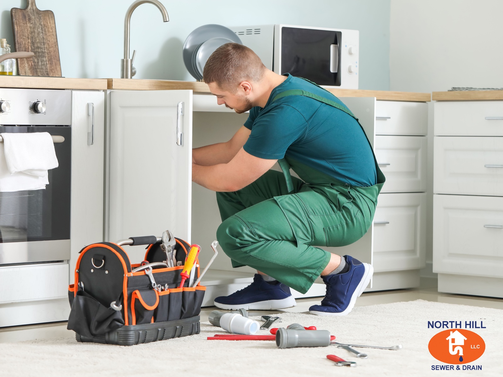 Licensed plumber working at residential sink in Lynnwood WA diagnosing plumbing and sewer line issues